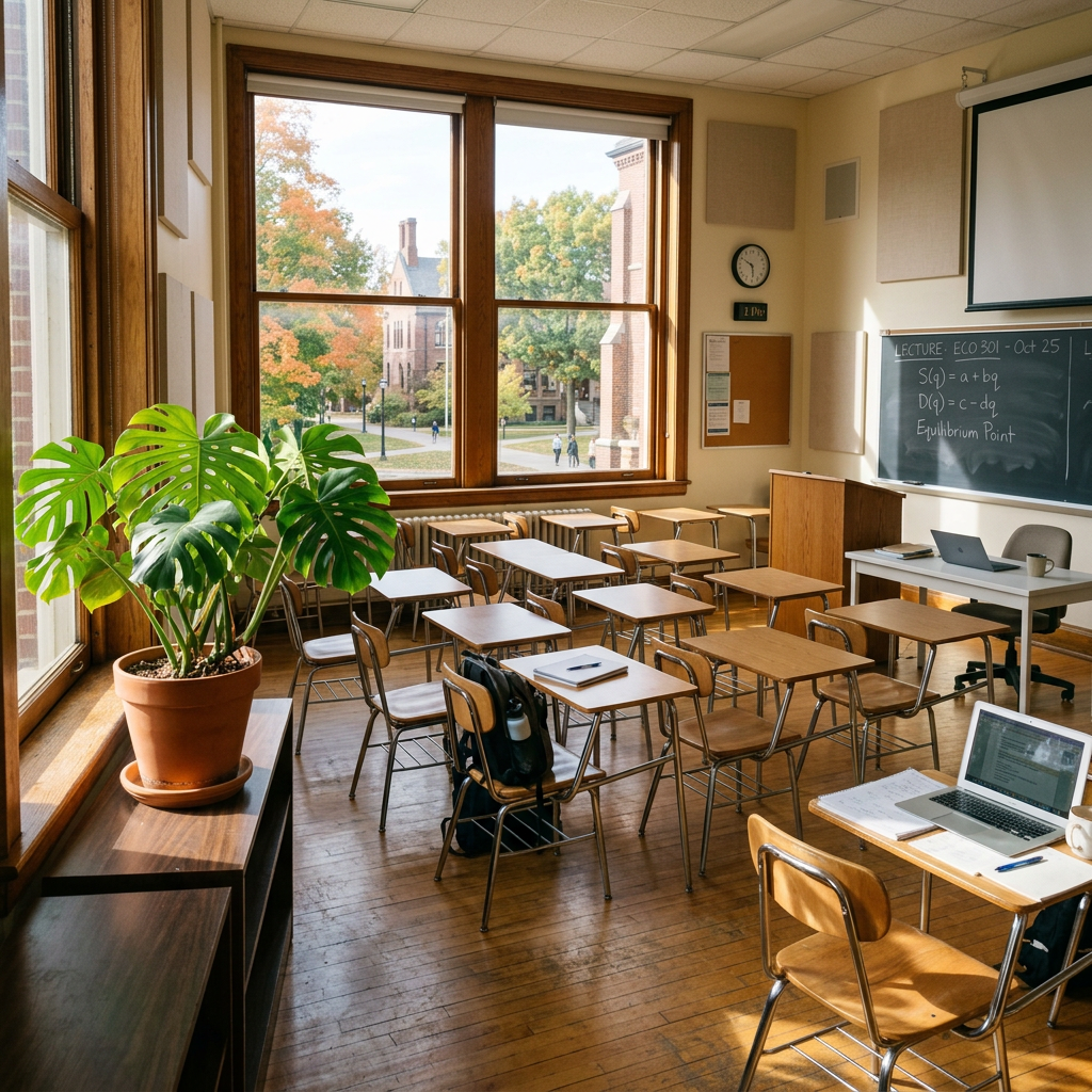 Empty classroom with desks, laptops, and large windows showing autumn trees outside