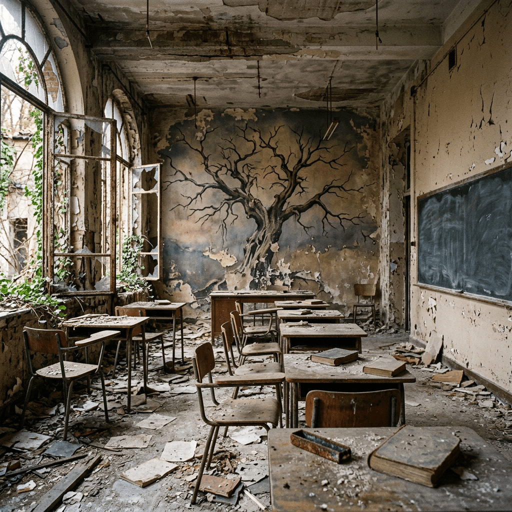 Abandoned classroom with broken desks, peeling walls, and leafless tree mural