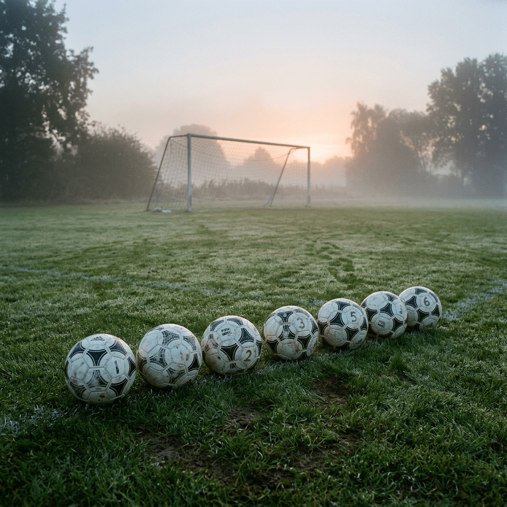 Seven soccer balls arranged in a row on grassy field with goal in background