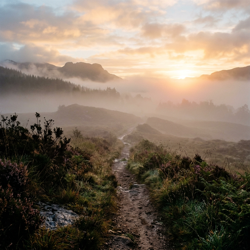 A narrow dirt trail leading through green vegetation and misty hills under a cloudy sunrise sky