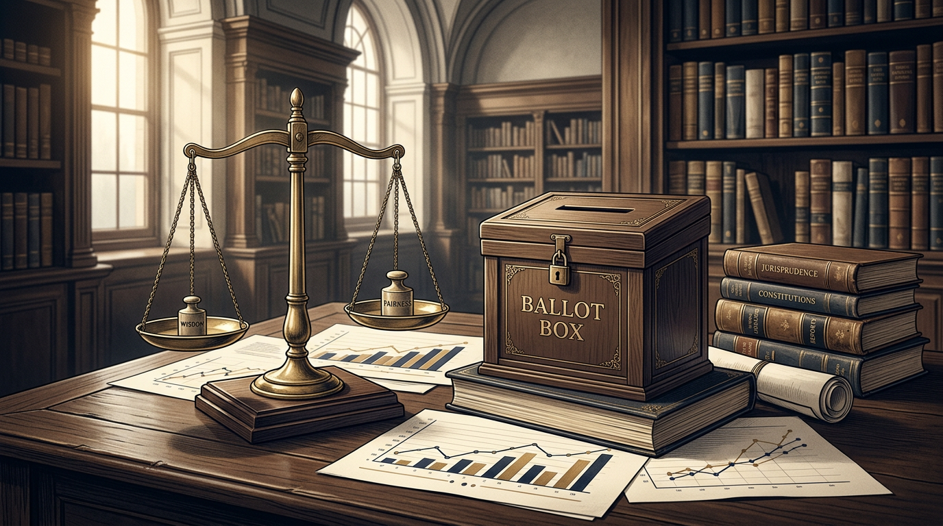 Ballot box labeled BALLOT BOX beside scales labeled WISDOM and FAIRNESS, books, and charts