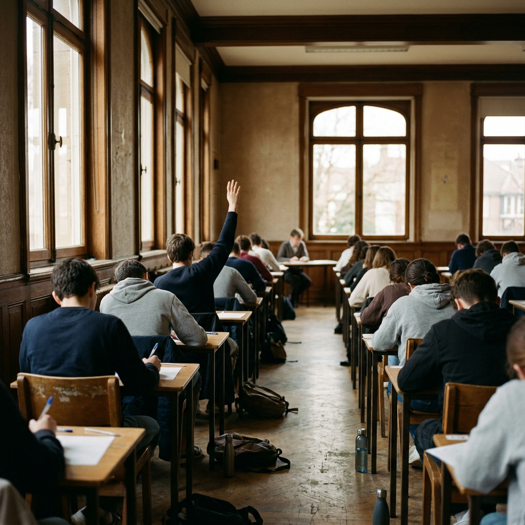 Students seated in a classroom while one raises a hand